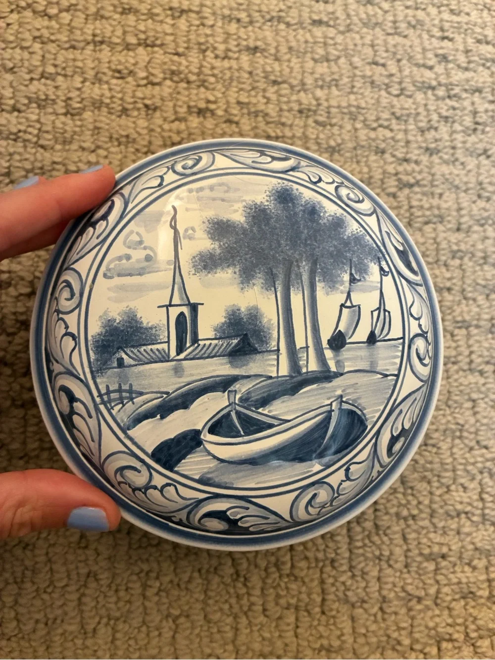 Blue Hand-Painted Coastal Scene Ceramic jar with lid made in Portugal
